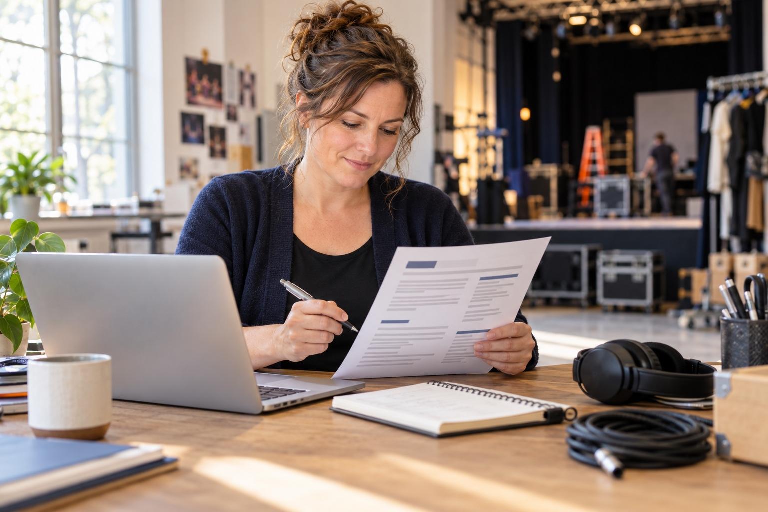 Stage production coordinator preparing a printed resume at a laptop in a bright rehearsal studio office