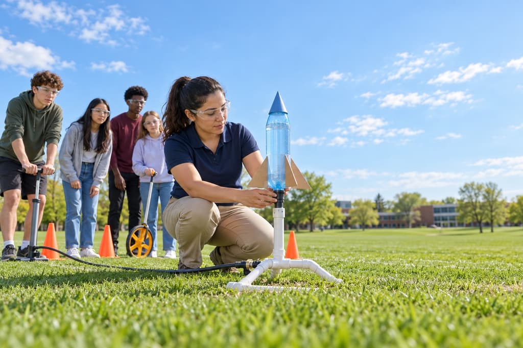 STEM teacher launching a water-bottle rocket with high school students on a school field