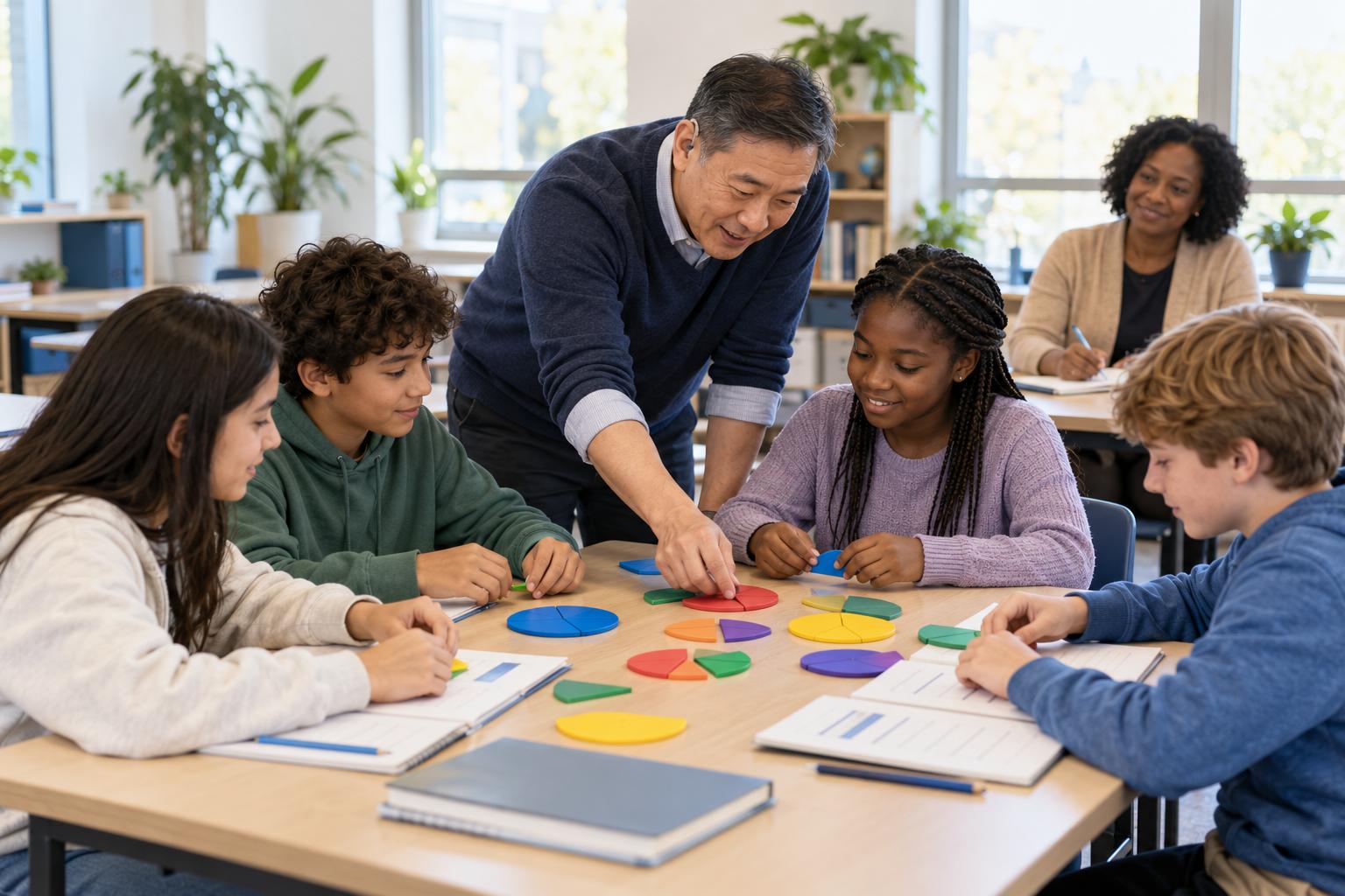 Student teacher leading a small-group fraction lesson while a mentor teacher observes