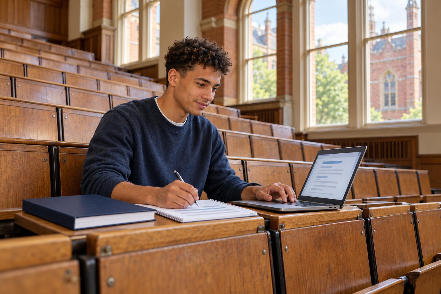 Student working on his CV on a laptop in an empty lecture theatre, his bound dissertation beside him