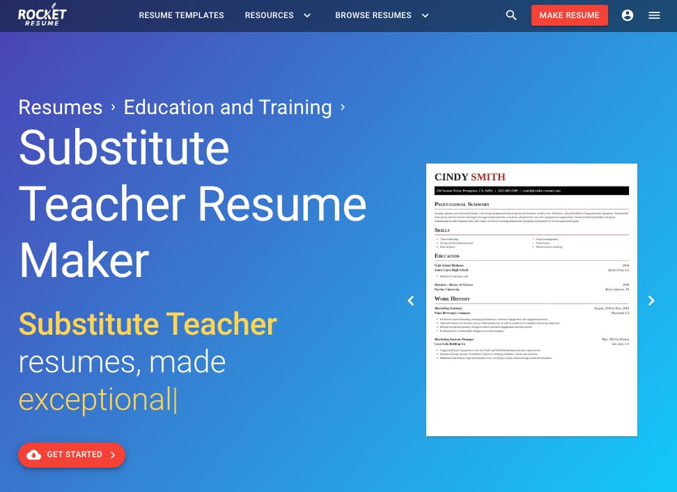 Rocket Resume substitute teacher resume maker page with a sample resume