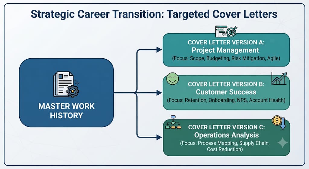 Targeted cover letters: one master work history split into project management, customer success and operations versions