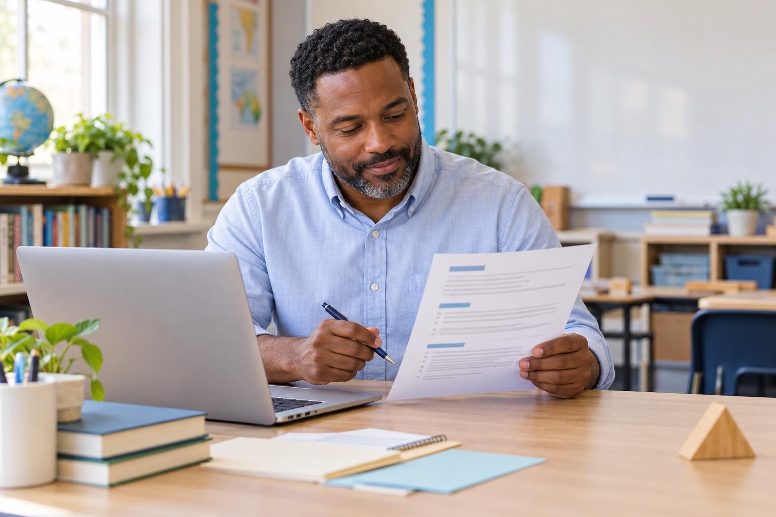 Teacher preparing a printed resume at a laptop in a bright classroom planning area