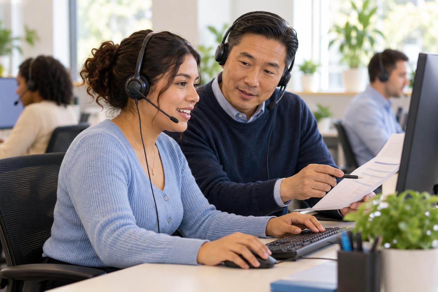 Team lead coaching a customer service agent beside her desk during a call