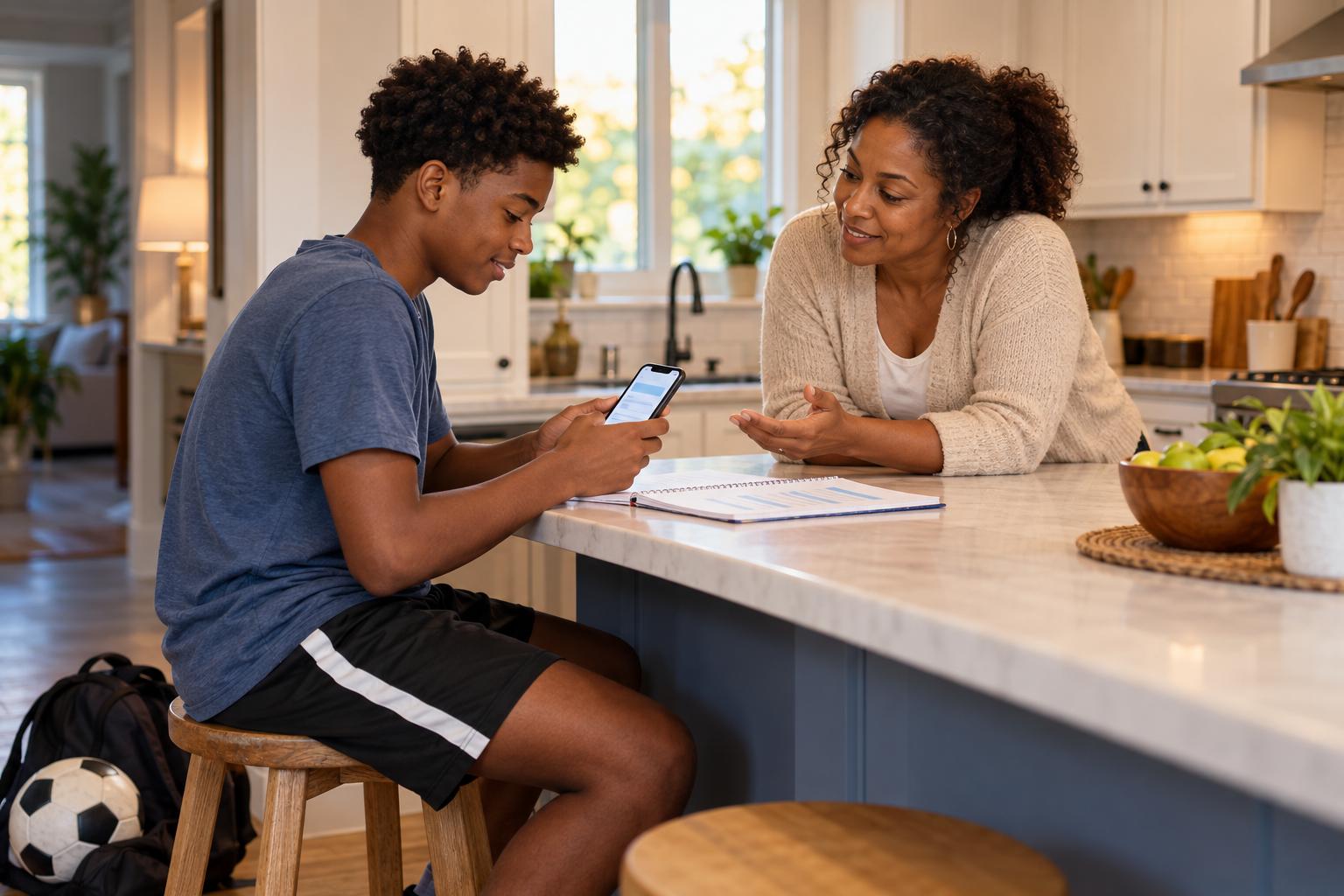 Teenager typing his first resume on his phone at the kitchen island as his mother helps him