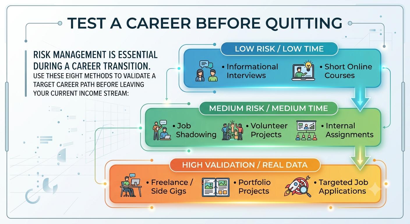 Infographic showing eight low to high risk ways to test a career before quitting