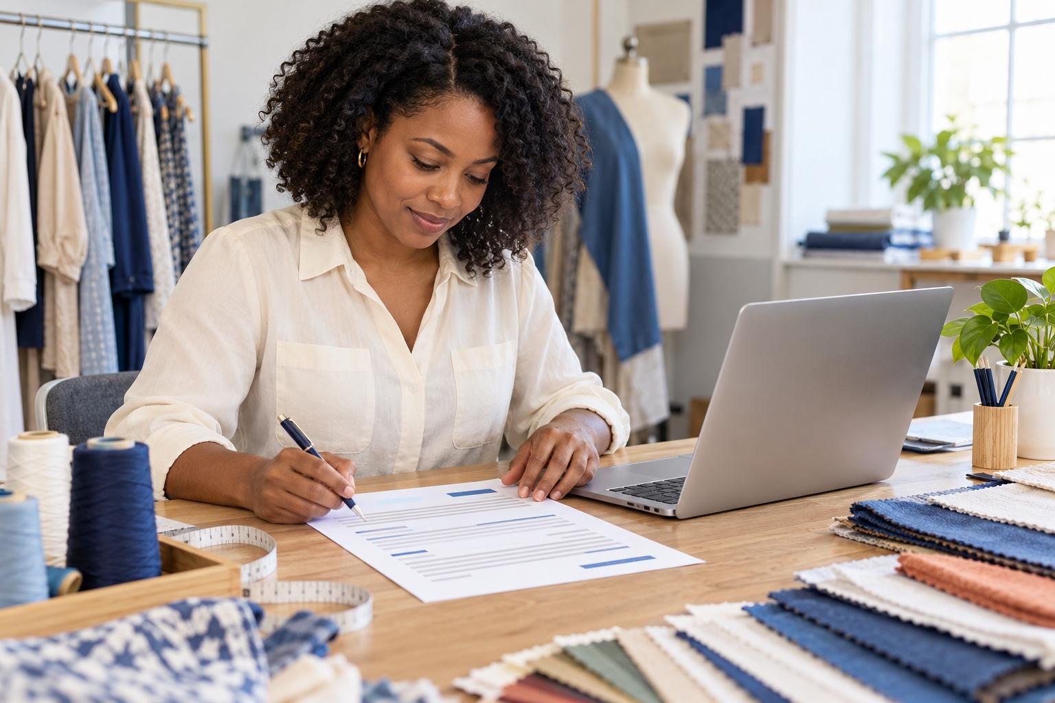 Textile production specialist preparing a printed resume at a laptop in a bright textile sampling studio