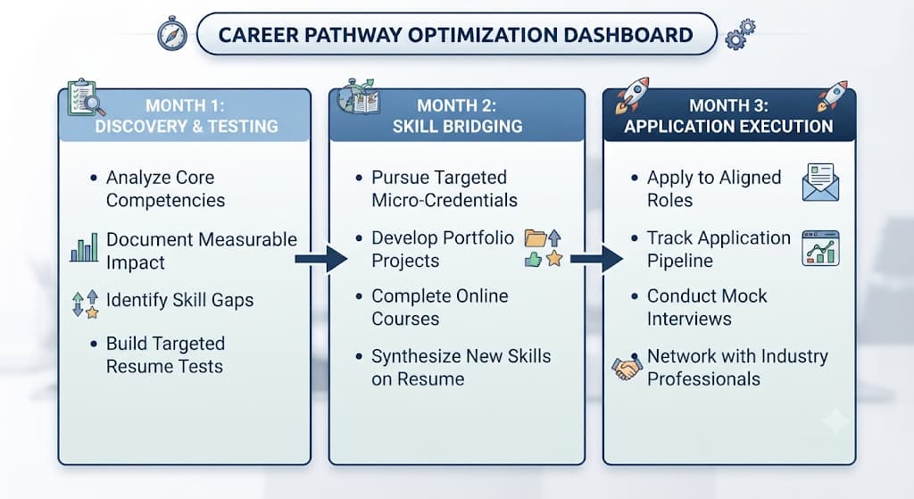 Three-month career change plan: discovery and testing, then skill bridging, then application execution