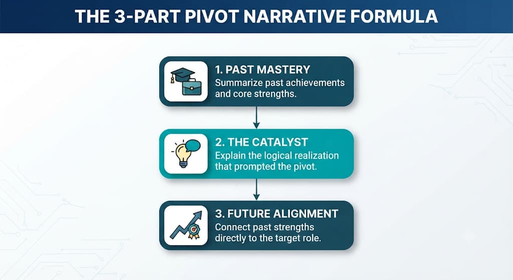 Three-part career pivot story: past mastery, the catalyst for change, then alignment with the target role