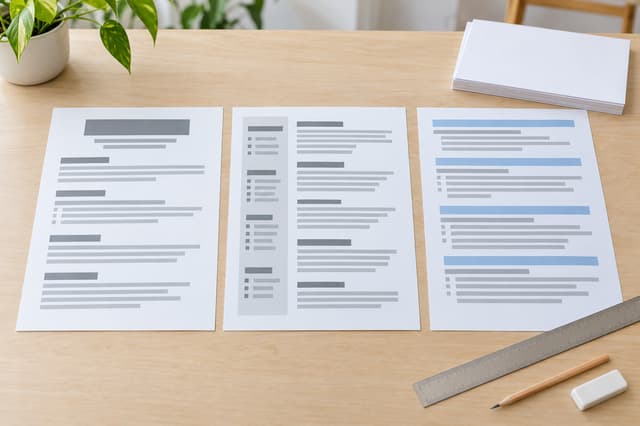 Three printed resume layouts side by side on a wooden desk with a ruler and pencil