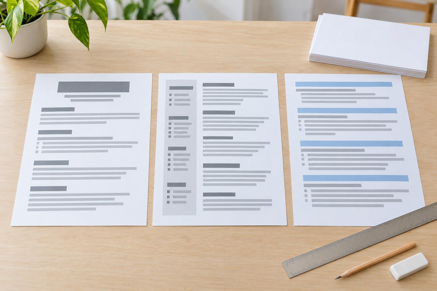 Three printed resume layouts side by side on a wooden desk with a ruler and pencil