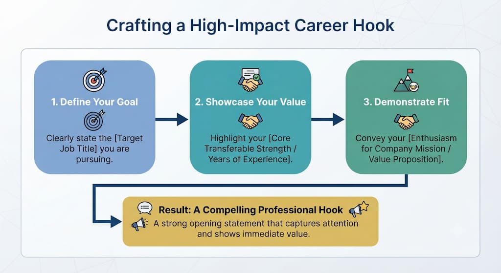 Three-step cover letter hook: state your target job title, show transferable value, then demonstrate fit