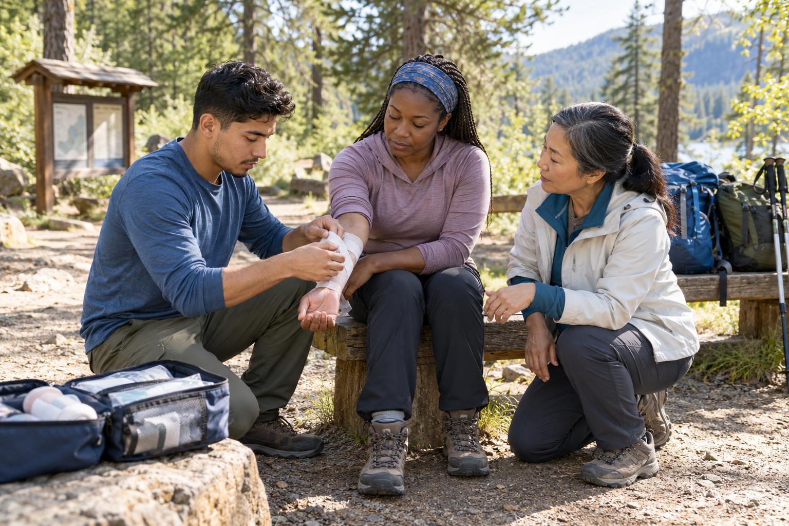 Tour guide trainee bandaging a classmate's wrist during a wilderness first aid course