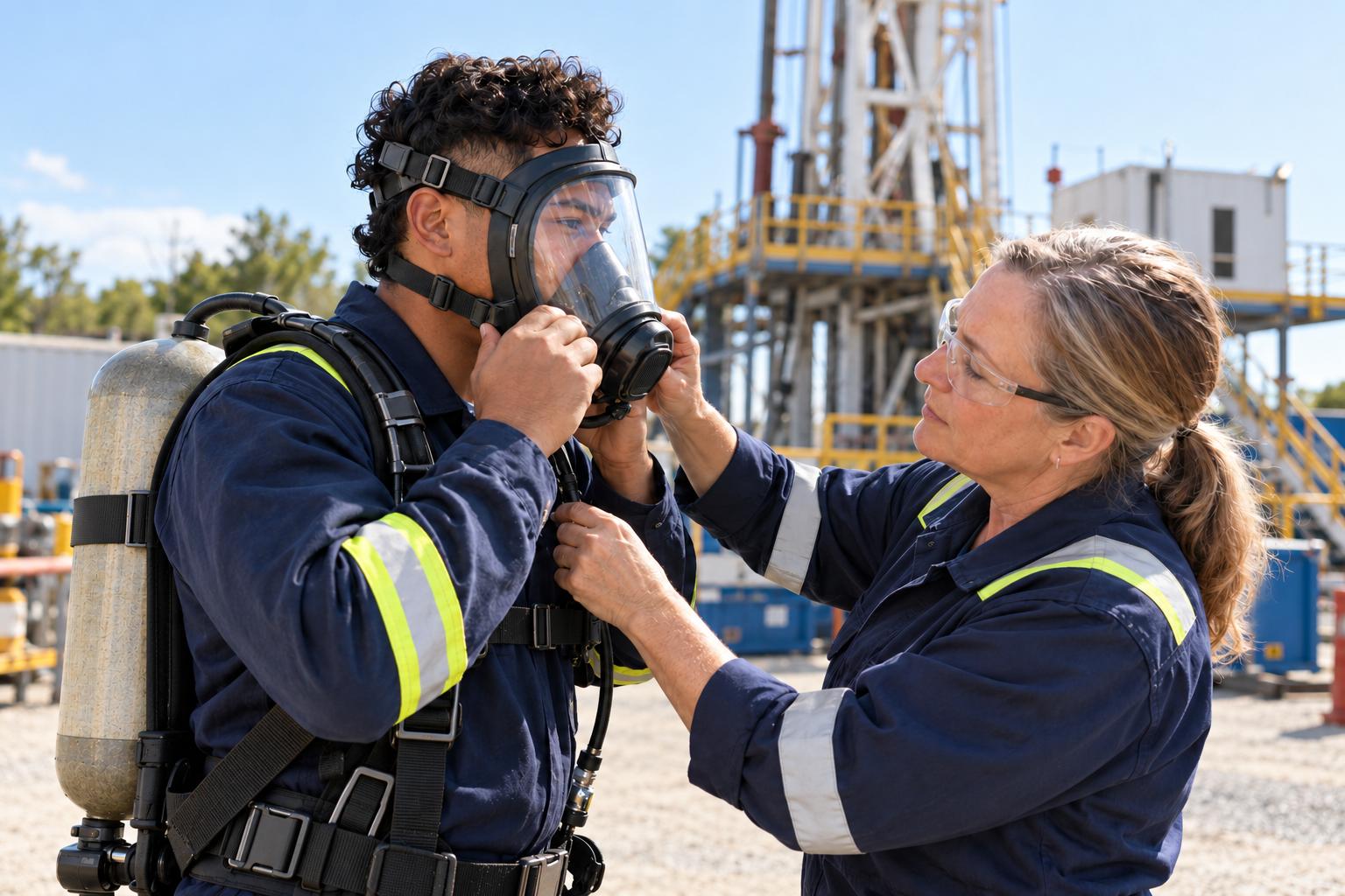 Trainee putting on a breathing apparatus during H2S safety training as an instructor checks the fit