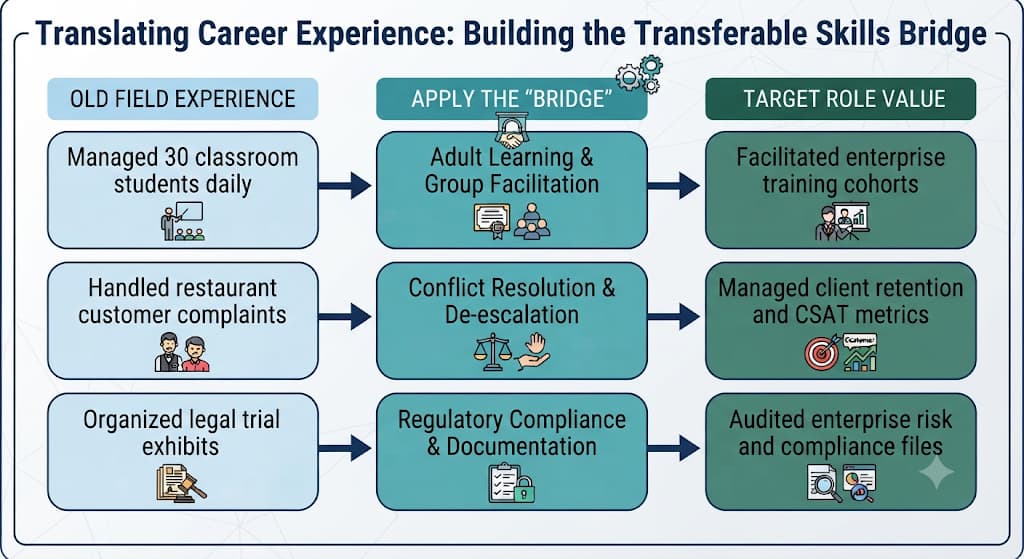 Transferable skills bridge chart: teaching, restaurant and legal experience mapped to skills and new-role value
