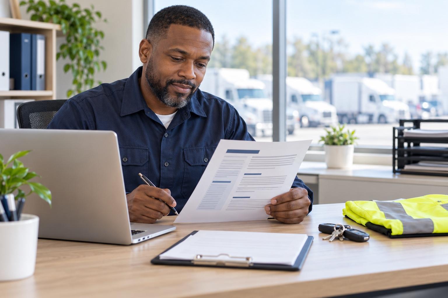 Transportation operations professional preparing a printed resume at a laptop in a bright transport scheduling office