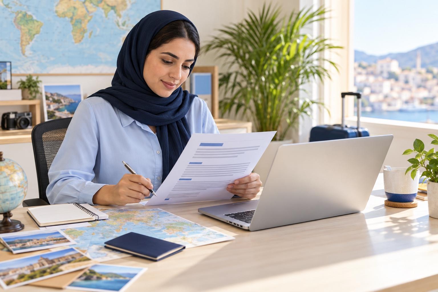 Travel coordinator preparing a printed resume at a laptop in a sunny travel-planning office