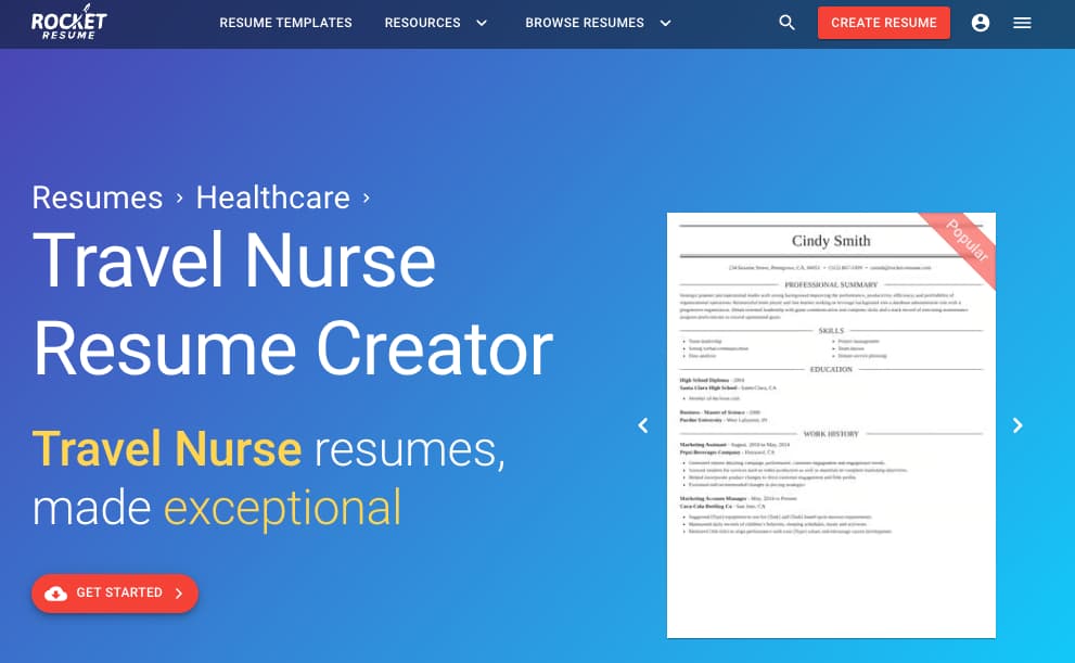 Rocket Resume travel nurse resume creator page with a sample resume