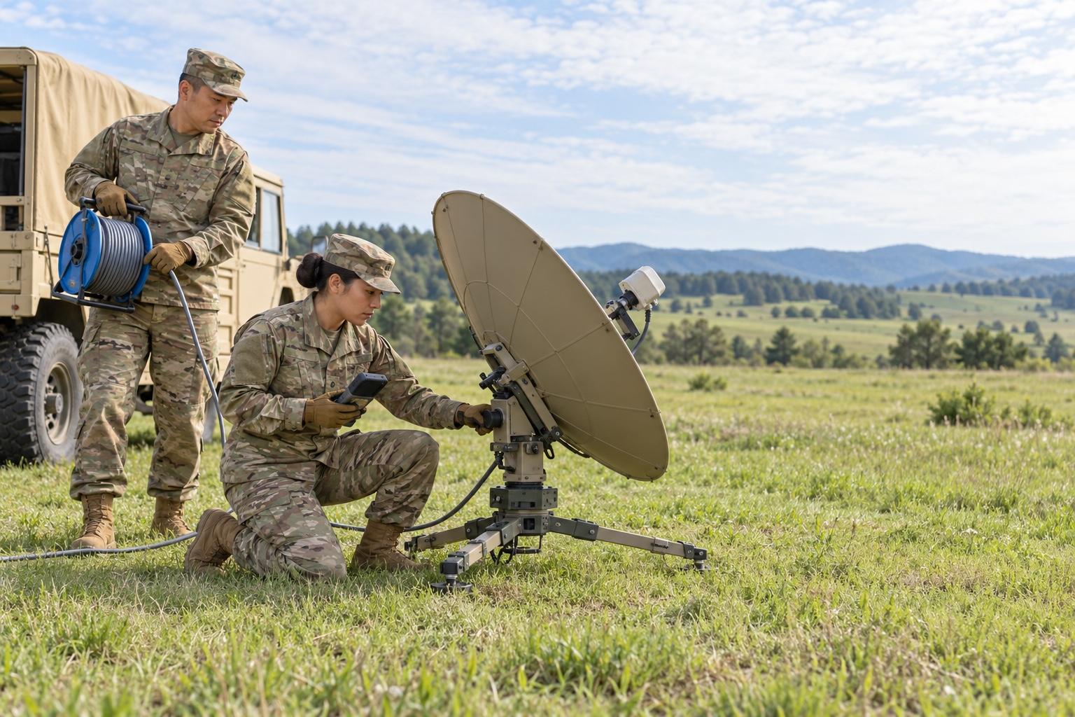 Two Army signal specialists setting up a satellite communications terminal at a training site
