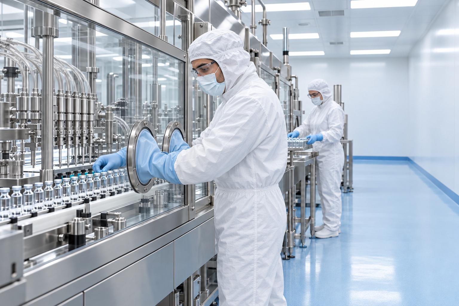 Two aseptic filling operators working a sterile vial filling line in a cleanroom