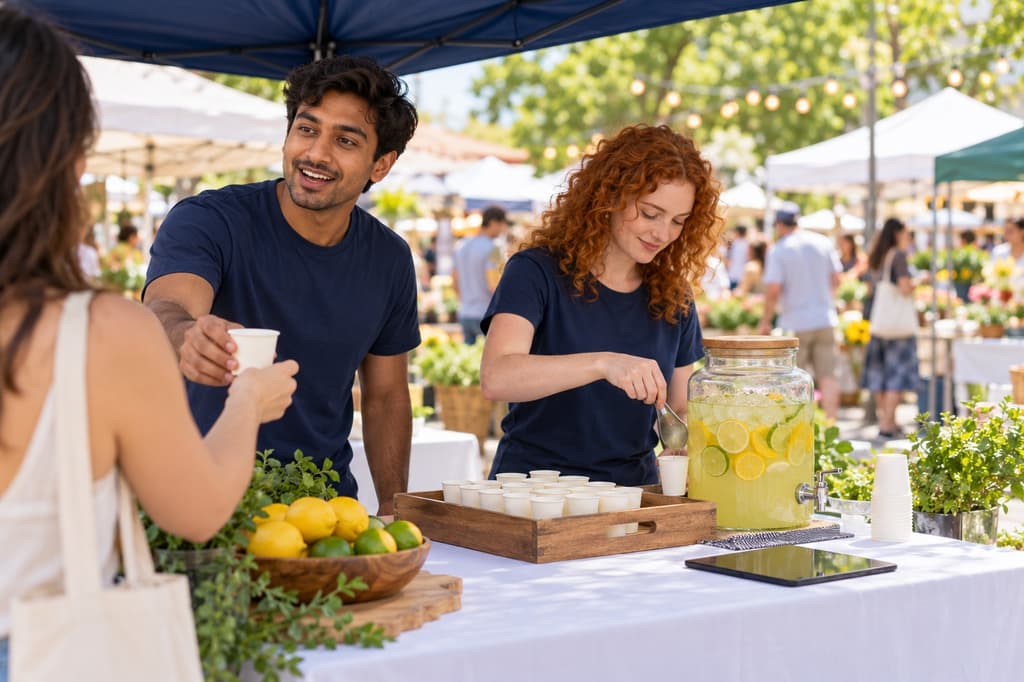 Two brand ambassadors running a product-sampling pop-up at an outdoor market