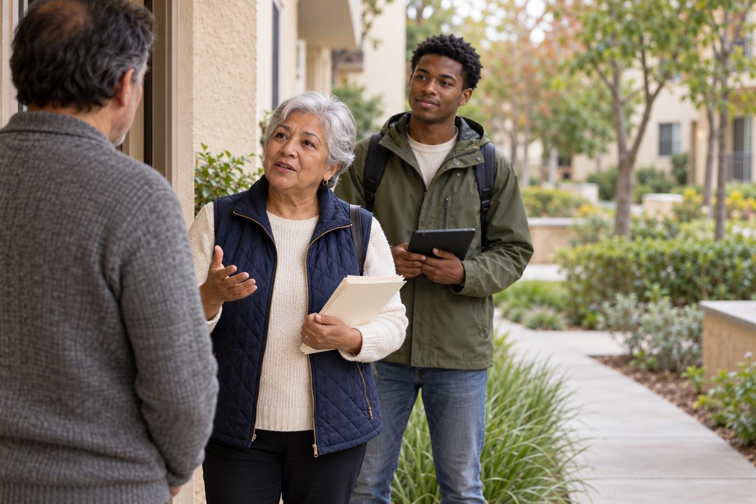 Two canvassers talking with a resident at the front door of an apartment