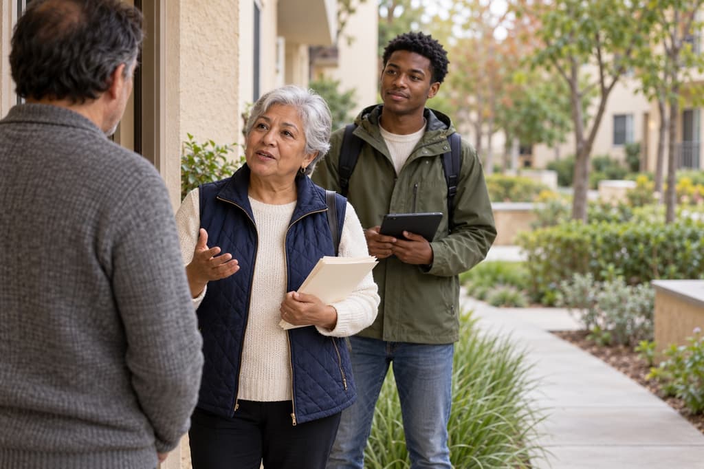Two canvassers talking with a resident at the front door of an apartment