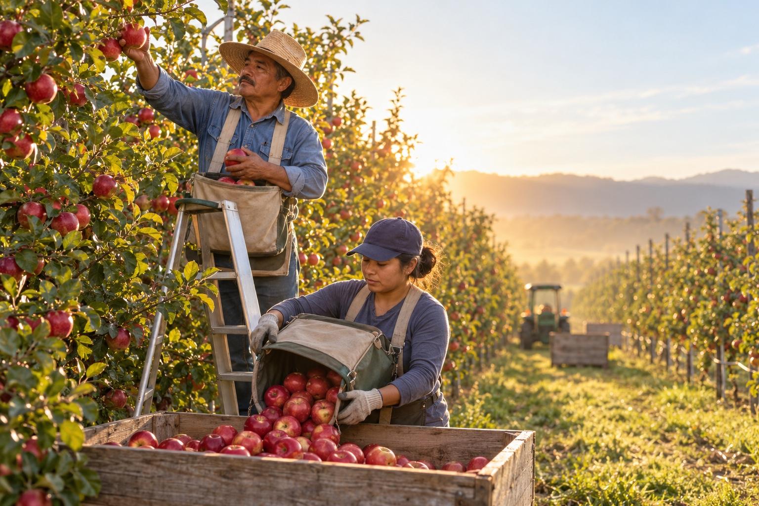 Two fruit pickers harvesting ripe red apples in an orchard after sunrise