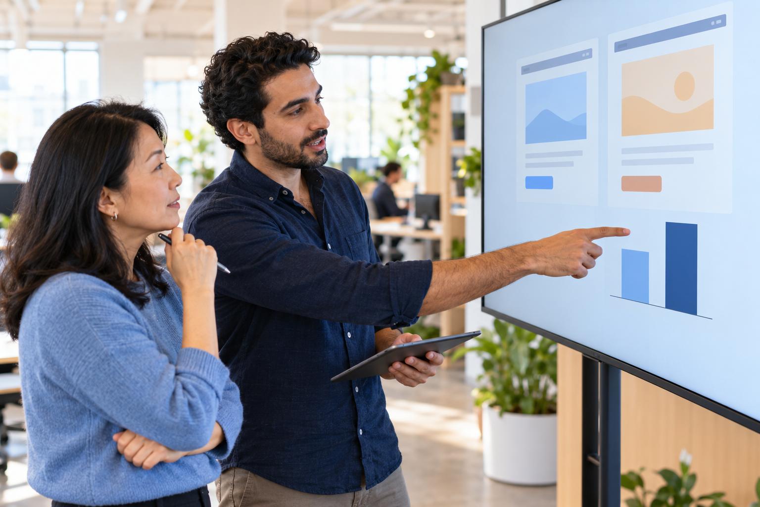 Two marketers comparing two web page versions of an A/B test on a wall screen