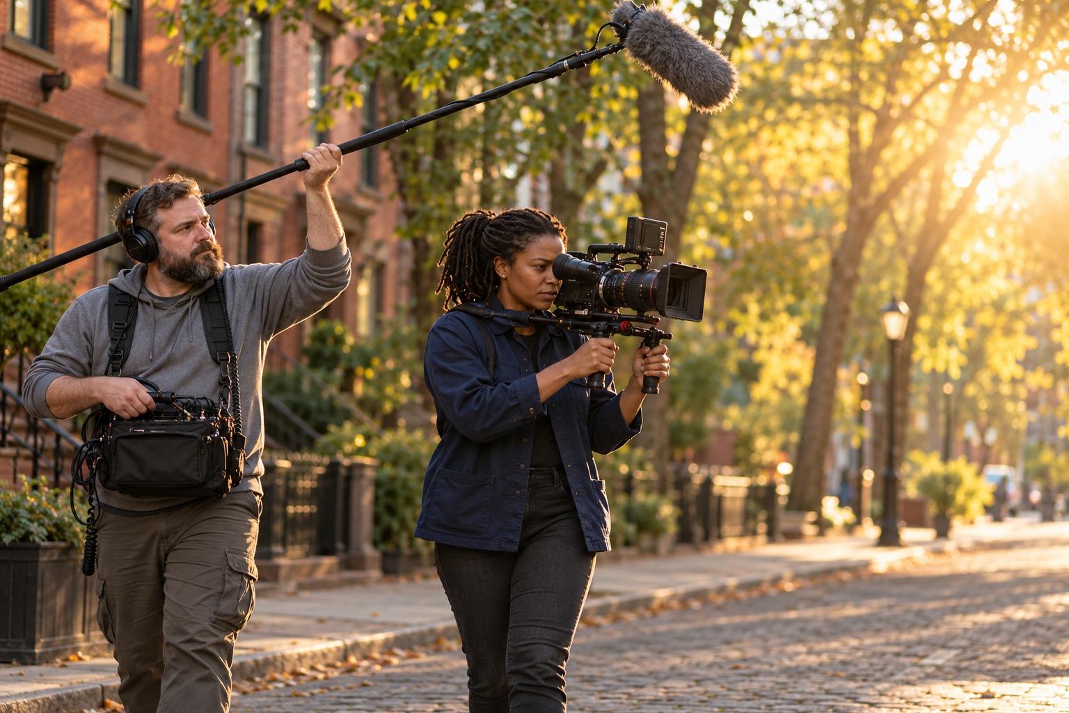 Two-person documentary crew filming on a tree-lined city street at golden hour