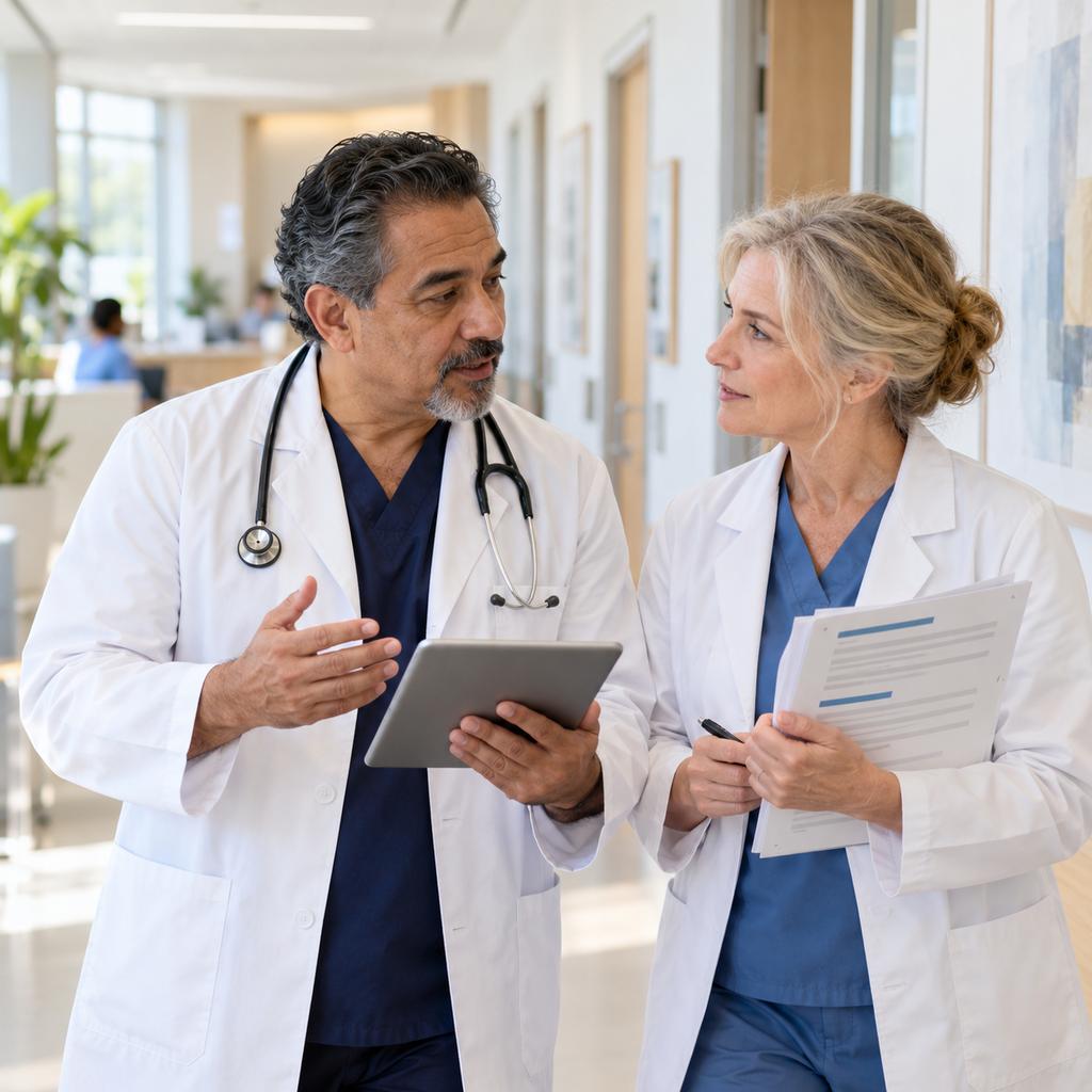 Two physicians in white coats talk over a tablet as they walk down a clinic corridor.