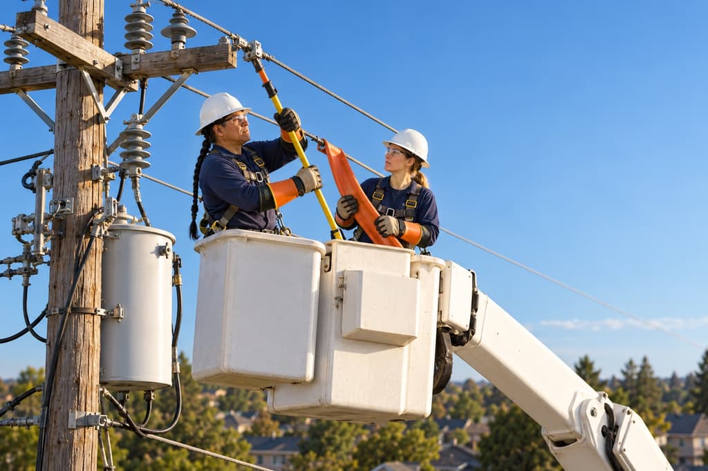 Two power line workers repairing an overhead line from an insulated aerial bucket