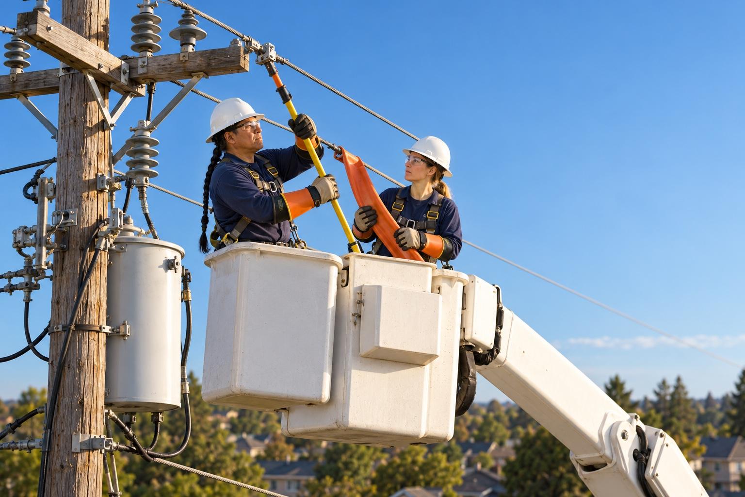 Two power line workers repairing an overhead line from an insulated aerial bucket