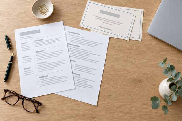 Two printed CV pages on a wooden desk beside a fountain pen and reading glasses