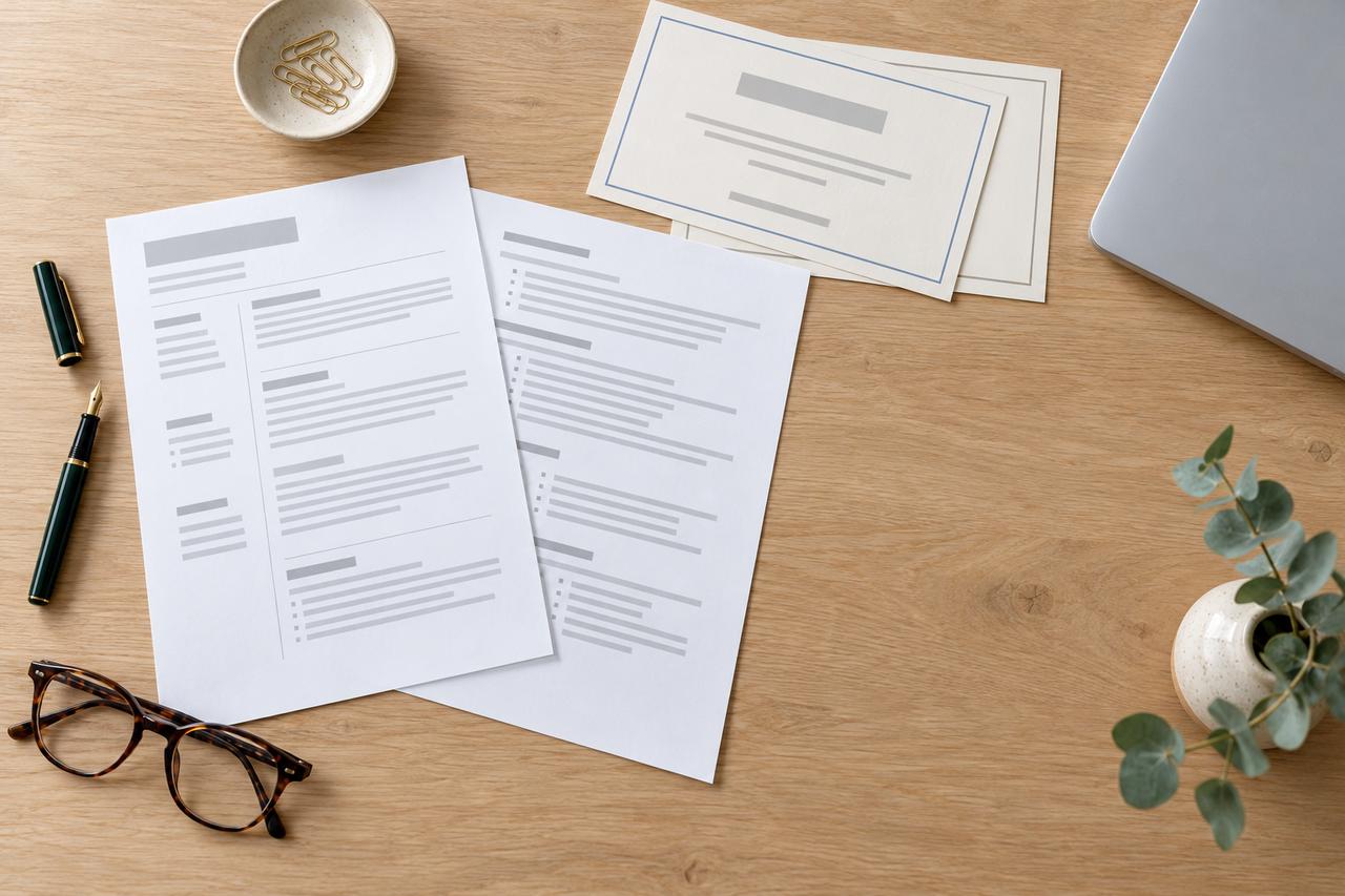 Two printed CV pages on a wooden desk beside a fountain pen and reading glasses