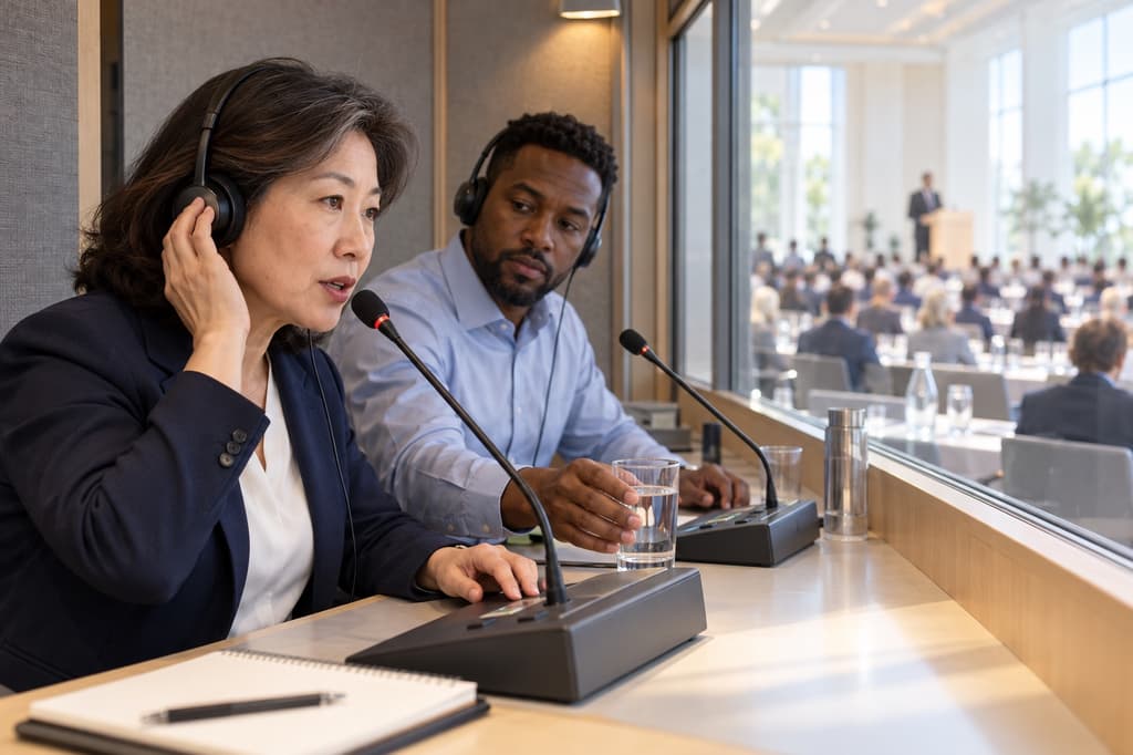 Two simultaneous interpreters working in a soundproof booth at a conference hall