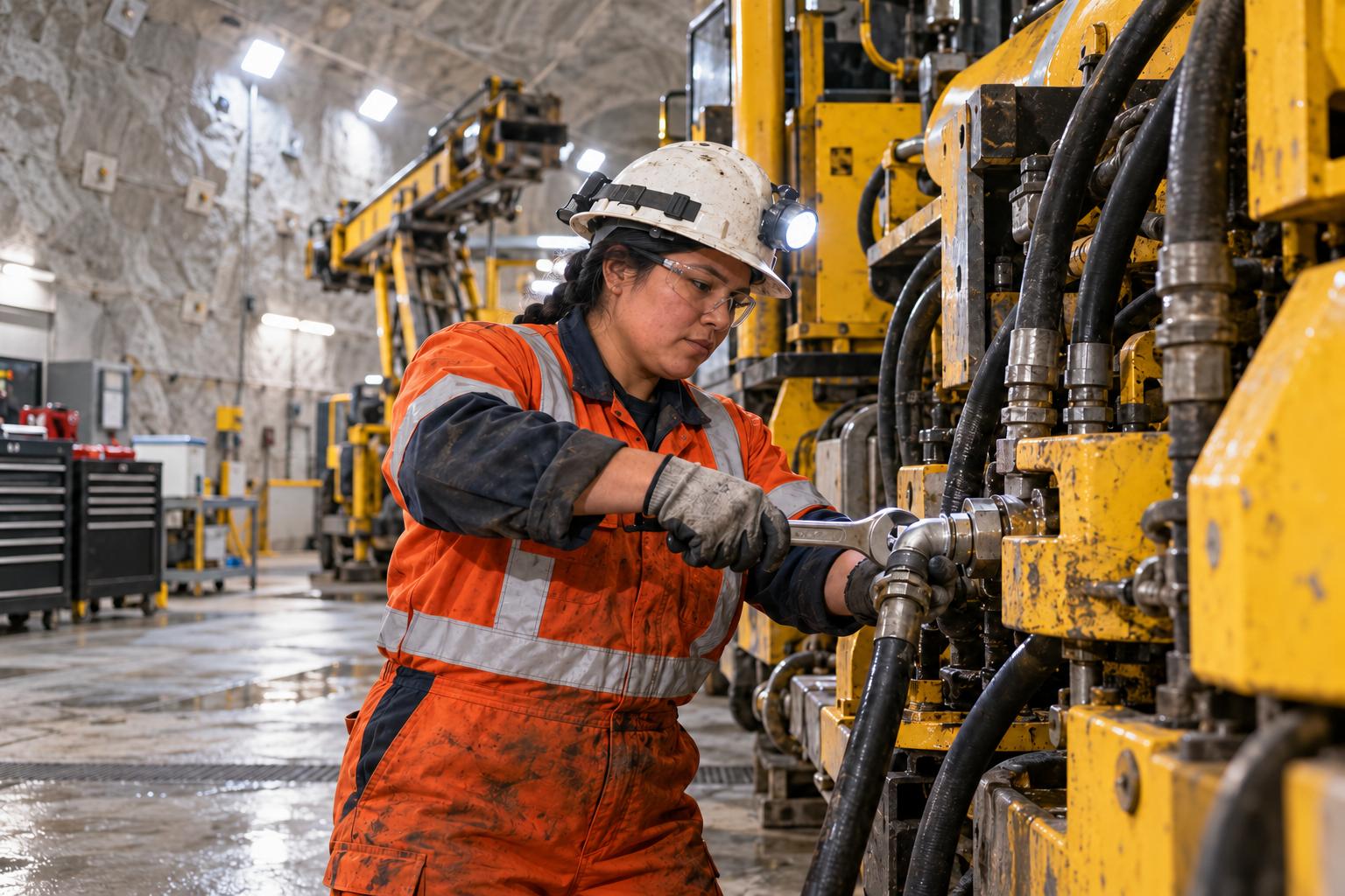 Underground mechanic changing a hydraulic hose on a jumbo drill in a lit maintenance bay