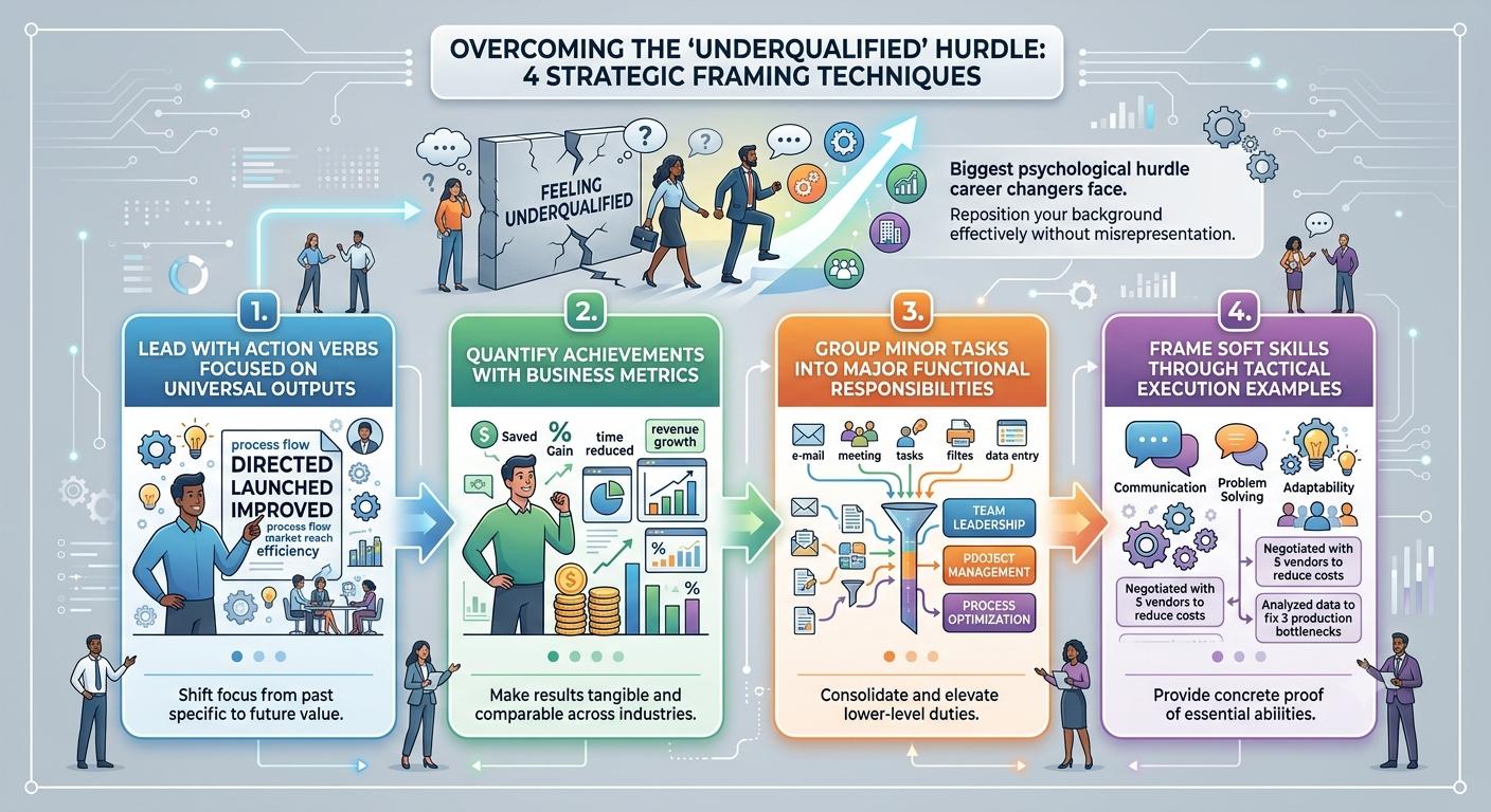 Infographic of four resume framing techniques for overcoming the underqualified hurdle