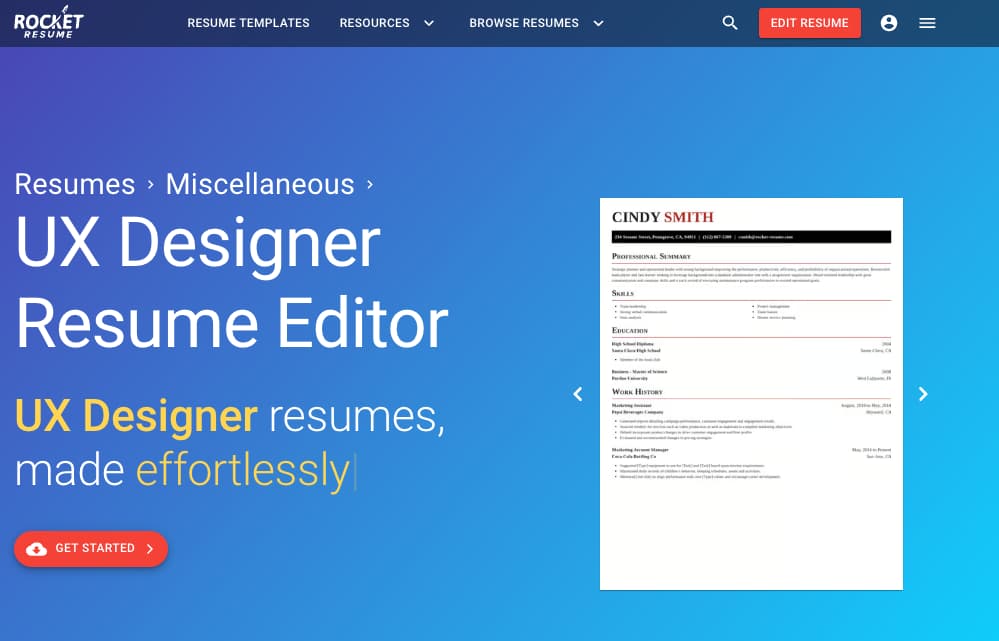 Rocket Resume UX designer resume editor page with a sample resume