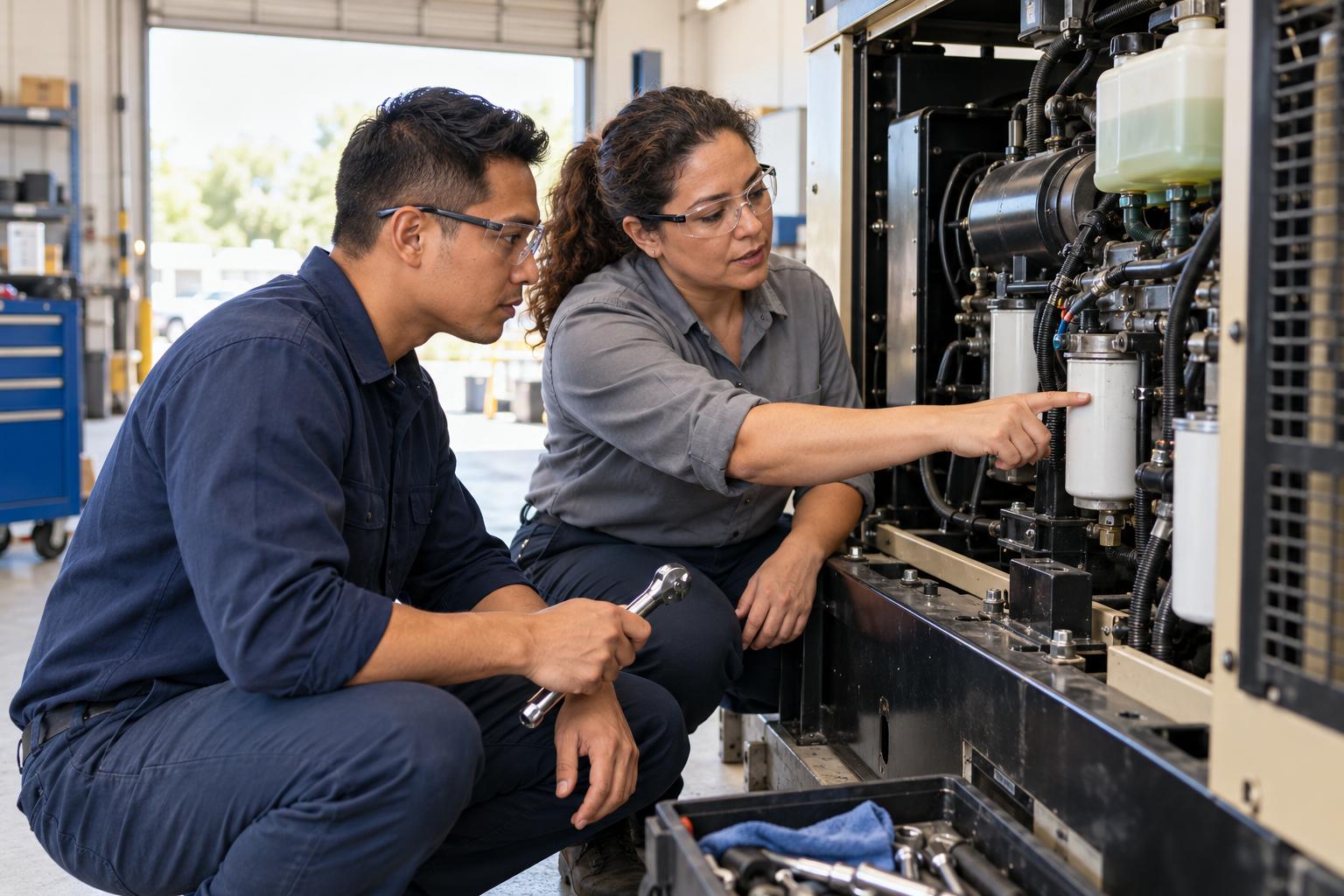 Veteran in civilian workwear learning to service a diesel generator from a technician