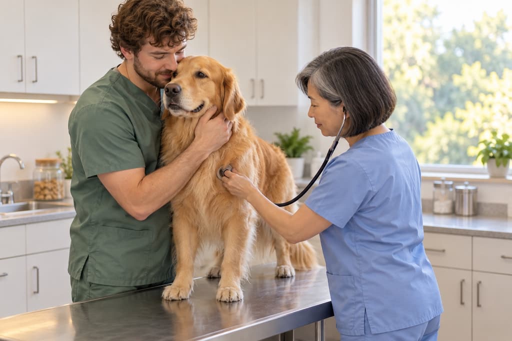 Veterinary assistant caring for a pet during an appointment in a clinic exam room