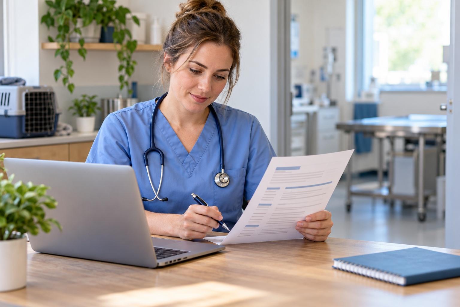 Veterinary technician preparing a printed resume at a laptop in a bright veterinary staff planning room
