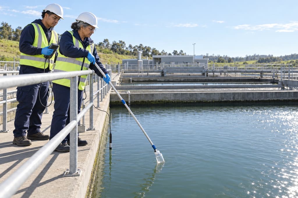 Water treatment supervisor taking a sample from a sedimentation basin at a treatment plant