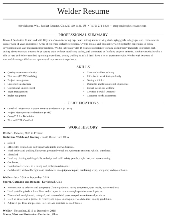 Example welder resume with skills, certifications, and work history sections