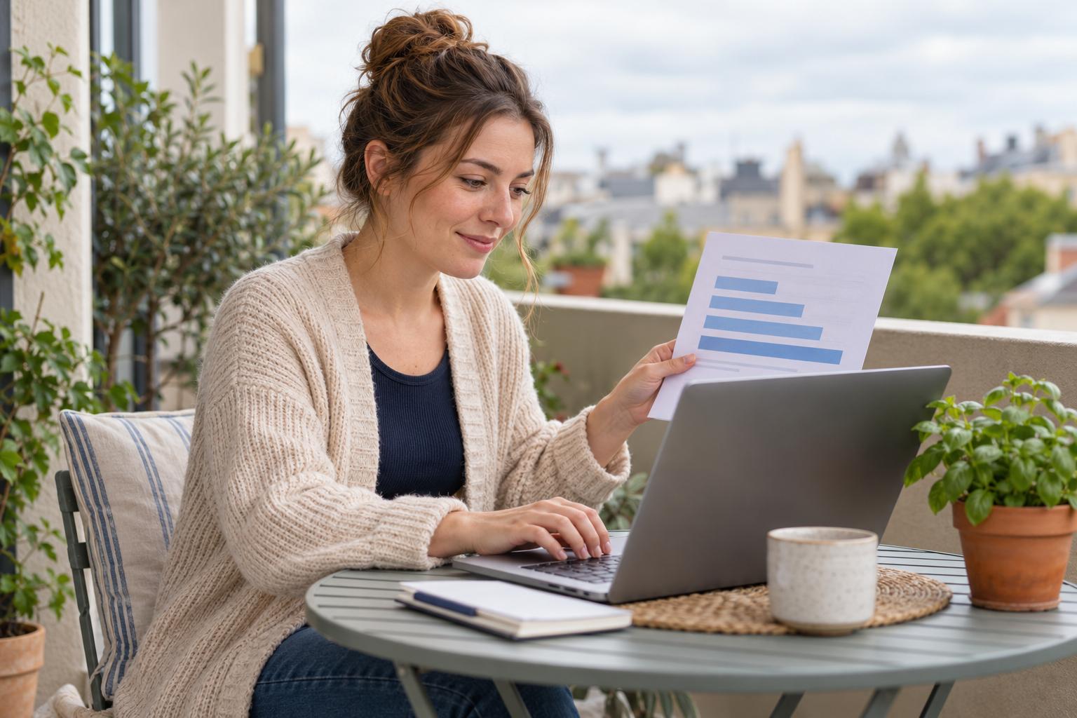 Woman checking a printed sales scorecard as she edits her resume on a laptop on her balcony