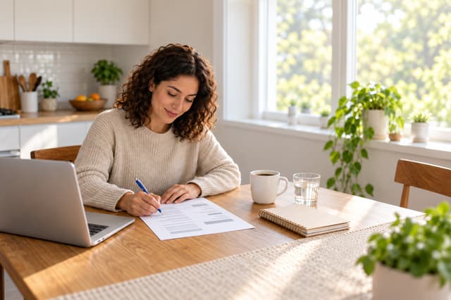 Woman editing a printed resume draft with a pen at a sunny kitchen table