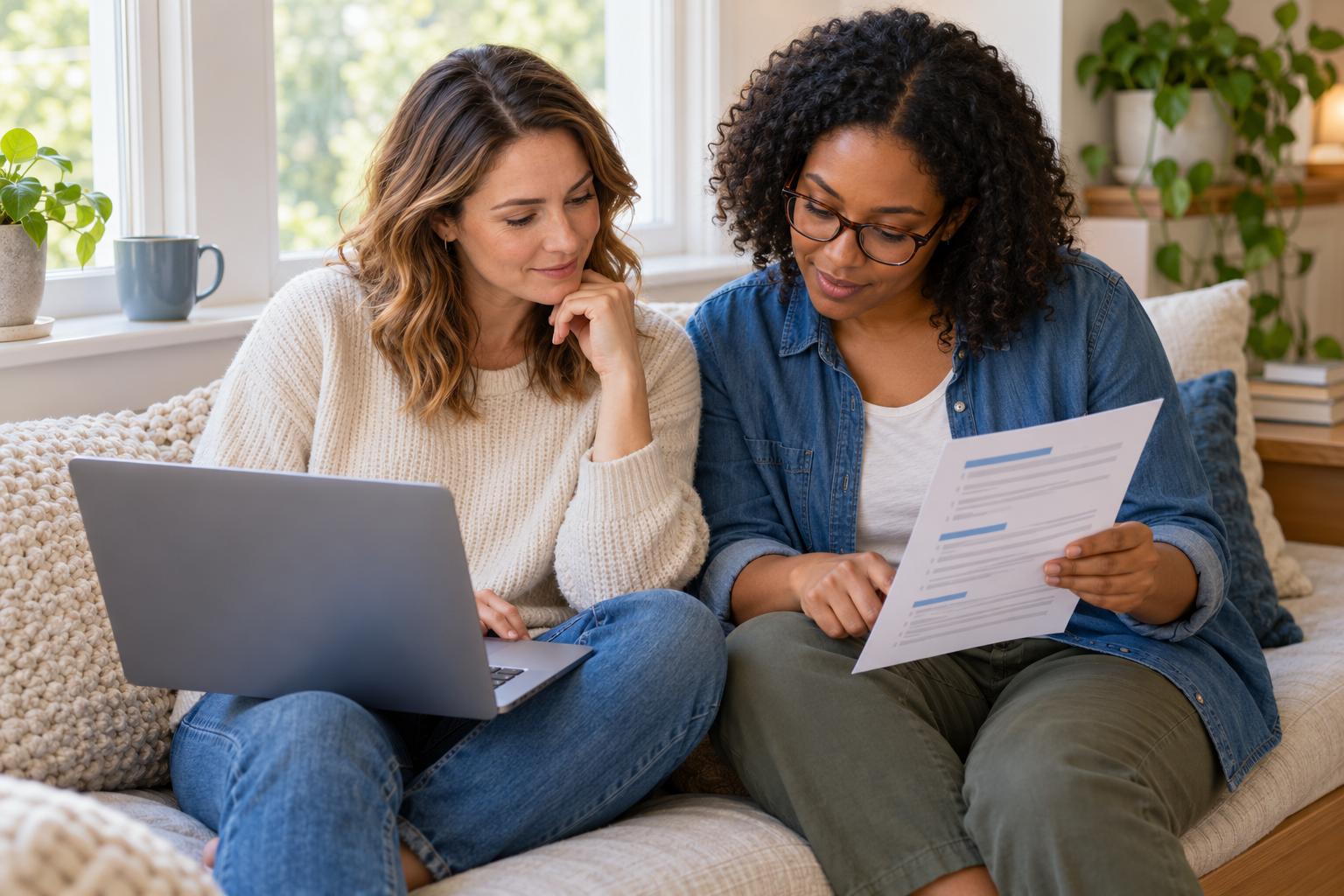 Woman proofreading her friend's printed resume as the friend waits with a laptop on a window seat