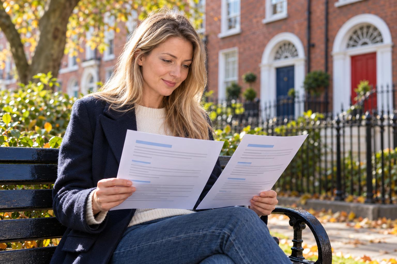 Woman reading the two printed pages of her CV side by side on a bench in a Georgian square