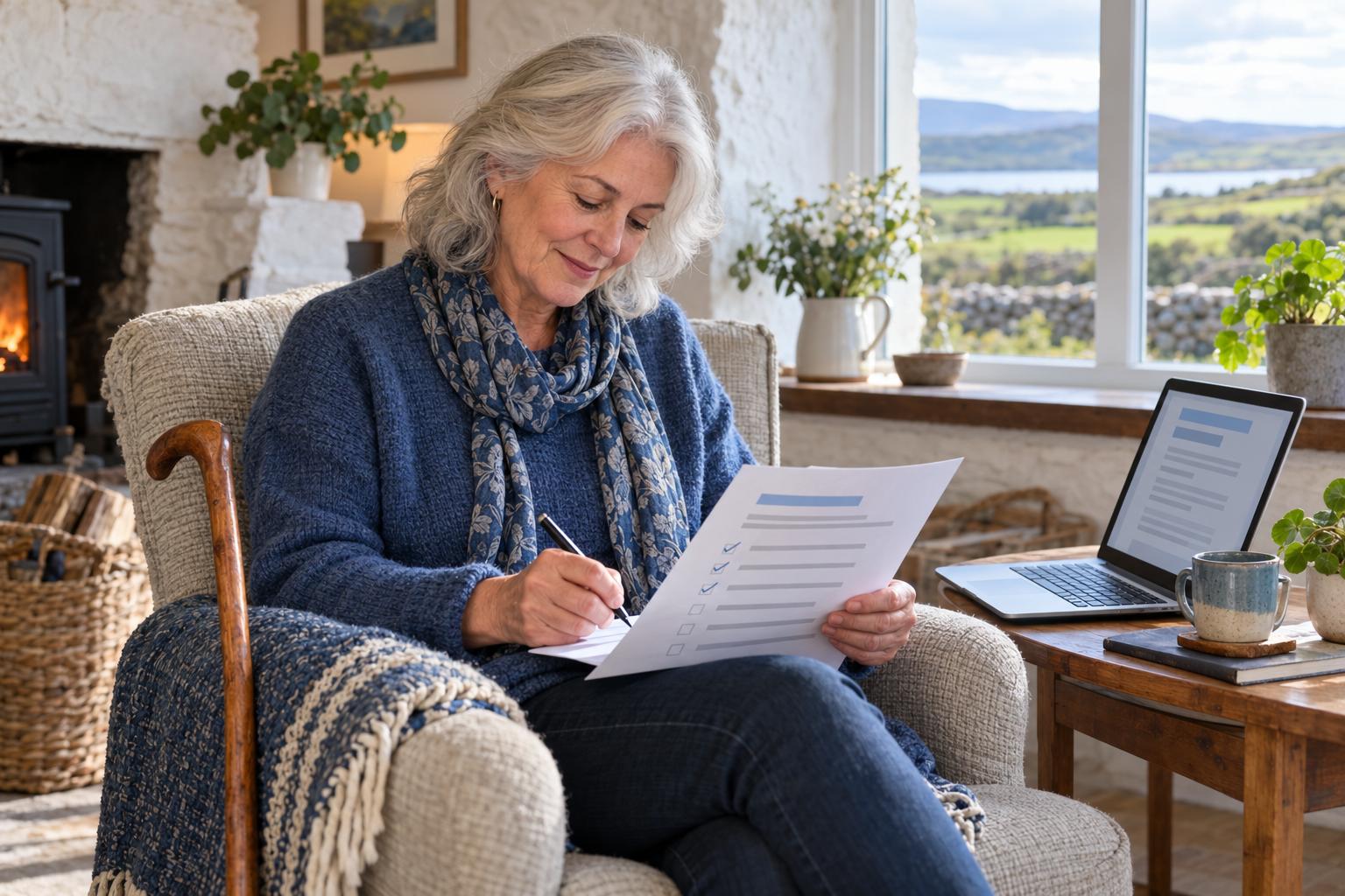 Woman ticking off the criteria on a printed job advert beside her CV in a cottage sitting room