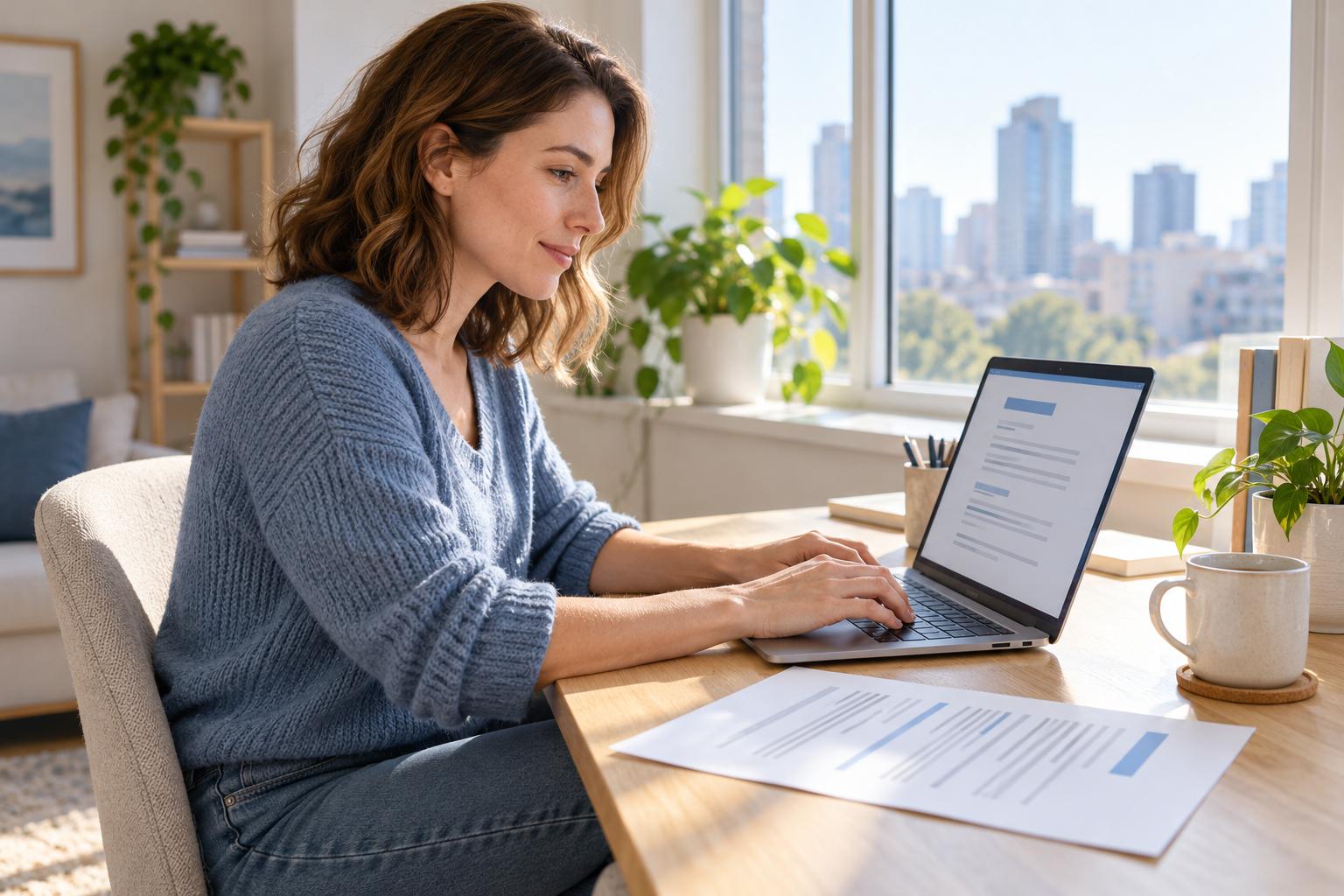 Woman typing up her master resume on a laptop beside an old printed resume